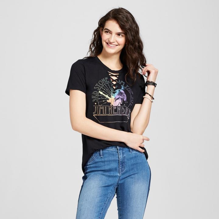 Women's Jimi Hendrix Short Sleeve Lace-up Neck Graphic T-shirt (juniors') - Black