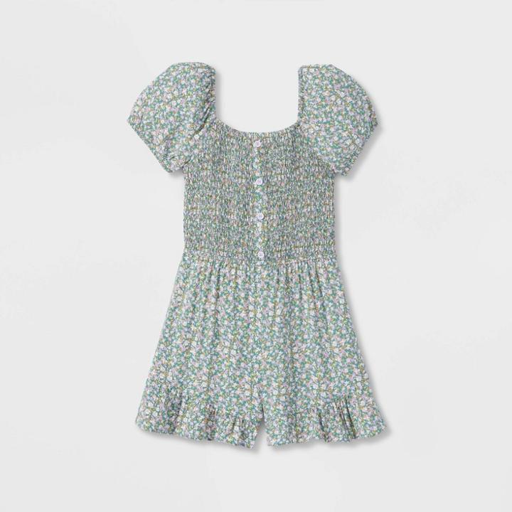 Girls' Puff Sleeve Romper - Art Class Light Green Floral