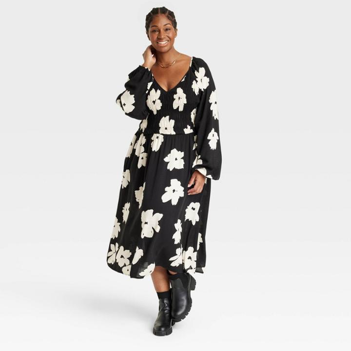 Women's Plus Size Balloon Long Sleeve Smocked Bodice Dress - Ava & Viv Black Floral X