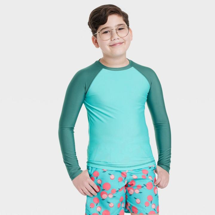 Boys' Long Sleeve Rash Guard Swim Shirt - Cat & Jack Turquoise