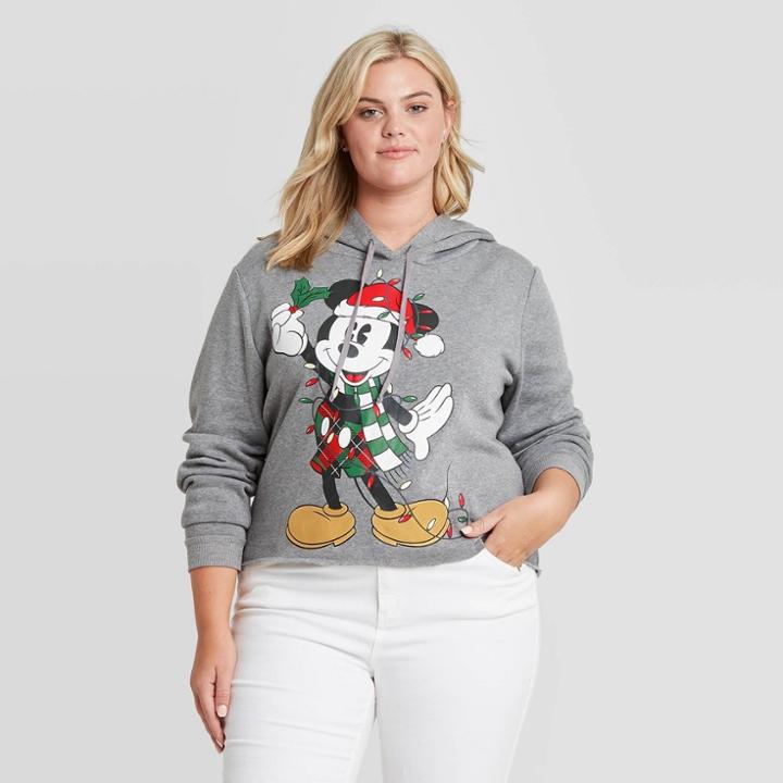 Modern Lux Women's Santa Mickey Plus Size Ugly Holiday Hooded Sweatshirt - Heather Gray