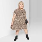 Women's Plus Size Leopard Print Round Neck Short Sleeve Knit Babydoll Mini Dress - Wild Fable Tan 1x, Women's, Size: