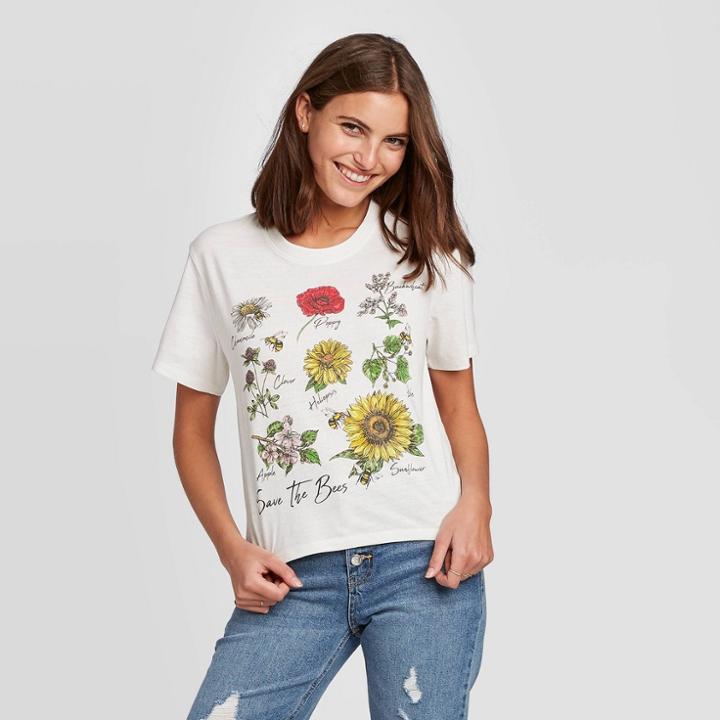 Women's Floral Print Save The Bees Short Sleeve Cropped Graphic T-shirt - Recyclo (juniors') - Ivory Xs, Women's, Beige
