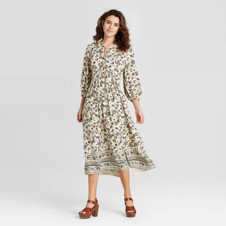 Women's Floral Print Long Sleeve V-neck Midi Dress - Universal Thread Cream Xs, Women's, Beige