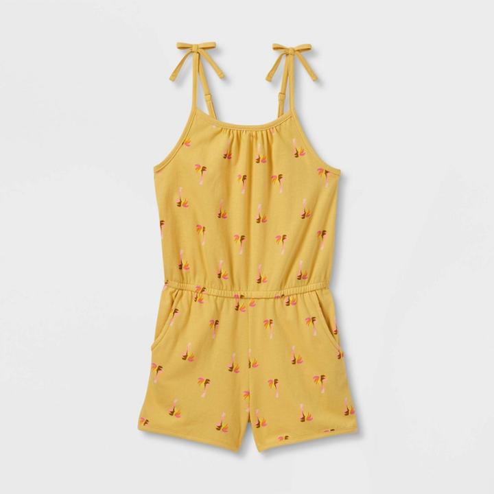 Girls' Sleeveless Printed Knit Romper - Cat & Jack Light Mustard Yellow