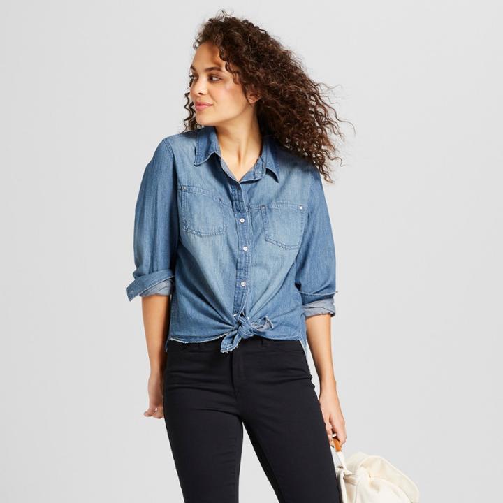 Women's Denim Shirt Long Sleeve Button-down Shirt - Universal Thread Medium Wash