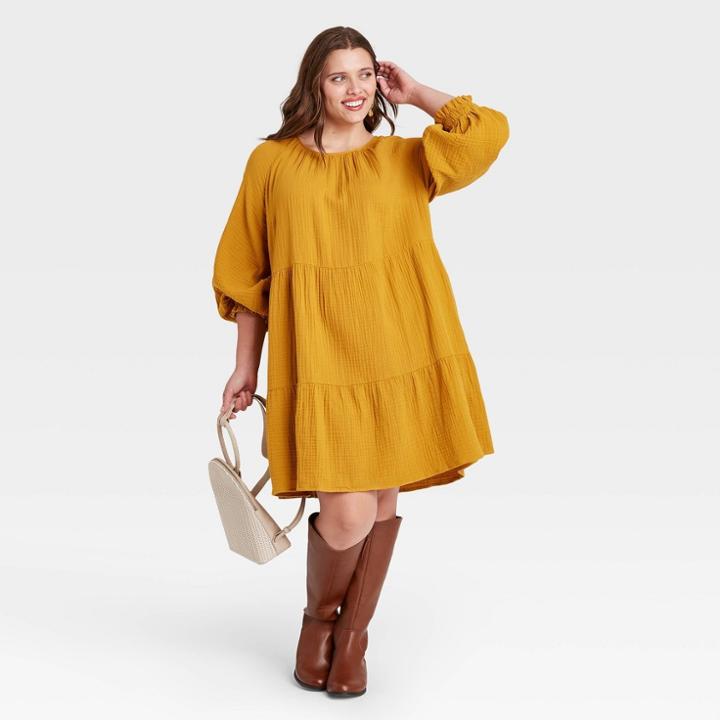 Women's Plus Size Balloon Long Sleeve Tiered Babydoll Dress - Universal Thread Yellow