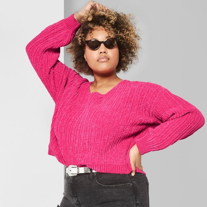 Women's Plus Size Long Sleeve V-neck Chenille Pullover - Wild Fable 4x Hot