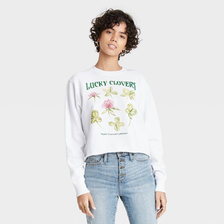 Mighty Fine Women's Lucky Clovers Grid Long Sleeve Cropped Graphic T-shirt - White