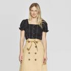 Women's Gingham Short Puff Sleeve Square Neck Button Front Top - Who What Wear Black