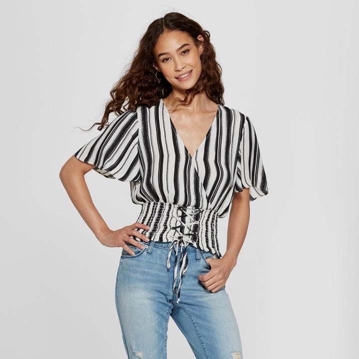 Women's Striped Short Sleeve Smocked Corset Top - 3hearts (juniors') Cream S, Black Off-white