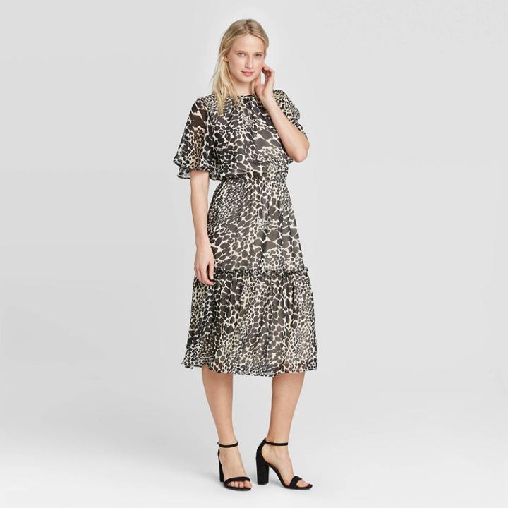 Women's Leopard Print Flutter Short Sleeve Midi Dress - Who What Wear Black/white Xs, Women's, Black White