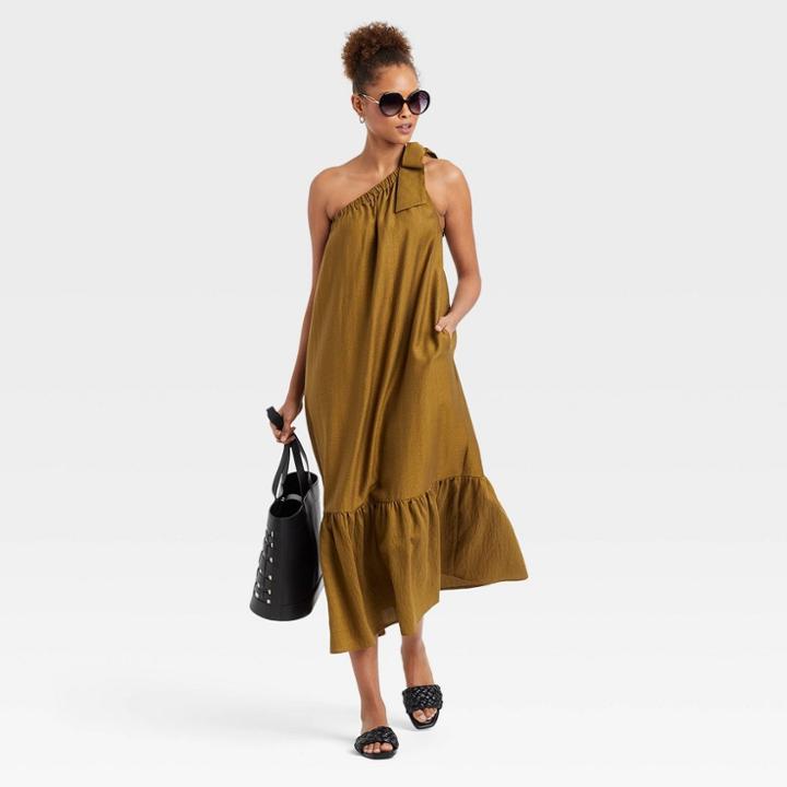 Women's One Shoulder Sleeveless Tiered Dress - A New Day Brown