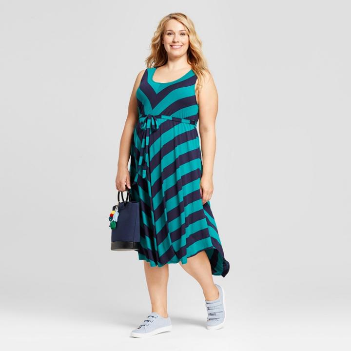 Maternity Plus Size Bias Striped Dress - Isabel Maternity By Ingrid & Isabel Navy/green (blue/green)