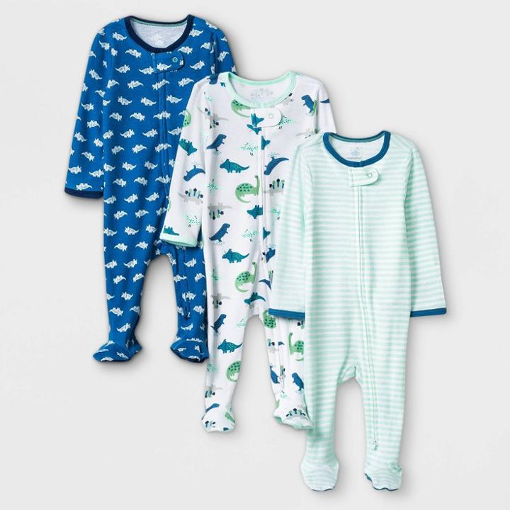 Baby Boys' 3pk Dino Zip-up Sleep N' Play - Cloud Island Blue/mint/white