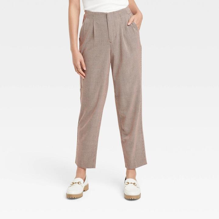 Women's High-rise Relaxed Fit Tapered Ankle Trousers - A New Day Brown Houndstooth
