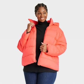 Women's Plus Size Short Puffer Coat - Ava & Viv Orange