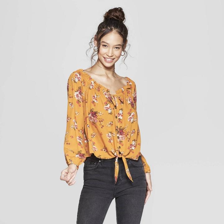 Women's Floral Print Long Sleeve Off The Shoulder Top - Xhilaration Gold