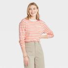 Women's Striped Slim Fit Long Sleeve Round Neck Pocket T-shirt - A New Day Peach