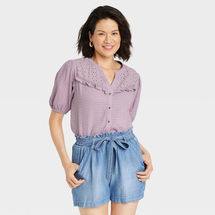 Women's Balloon Short Sleeve Button-front Textured Top - Knox Rose Purple