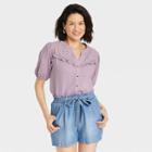 Women's Balloon Short Sleeve Button-front Textured Top - Knox Rose Purple
