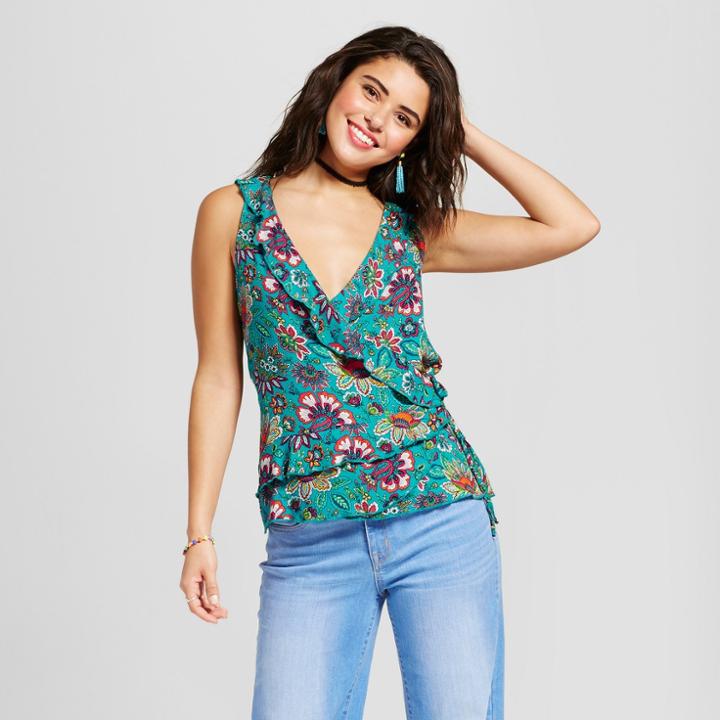Women's Printed Ruffle V-neck Tank - Xhilaration (juniors') Teal (blue)