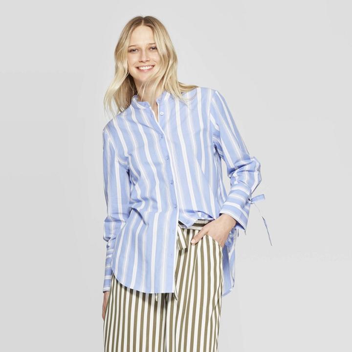 Women's Striped Long Sleeve Scoop Neck Button-up Boyfriend Shirt - Who What Wear Blue/white