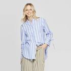 Women's Striped Long Sleeve Scoop Neck Button-up Boyfriend Shirt - Who What Wear Blue/white