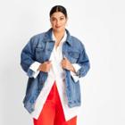 Women's Plus Size Asymmetrical Jean Jacket - Future Collective With Kahlana Barfield Brown Blue Denim