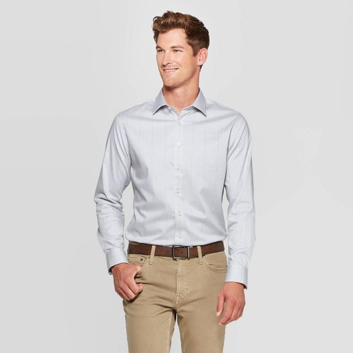 Men's Plaid Standard Fit Long Sleeve Dress Button-down Shirt - Goodfellow & Co Gray Mist M, Size: Medium, Gray Blue