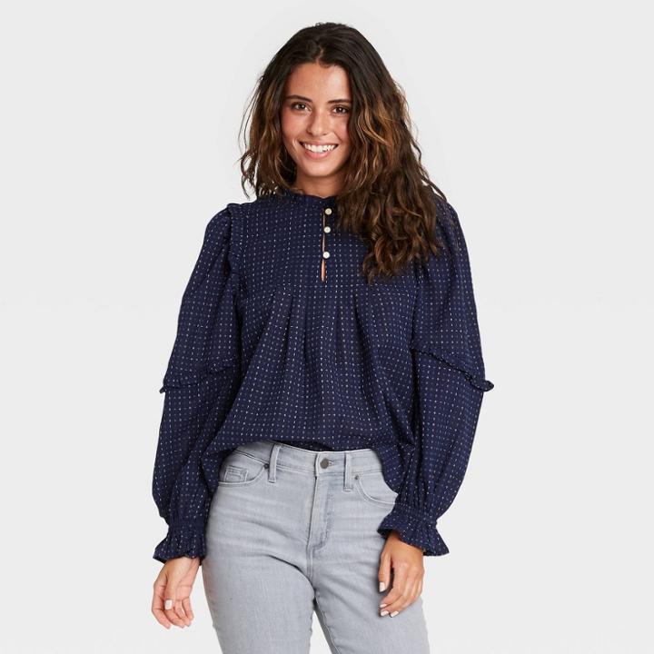 Women's Long Sleeve Ruffle Blouse - Universal Thread Navy