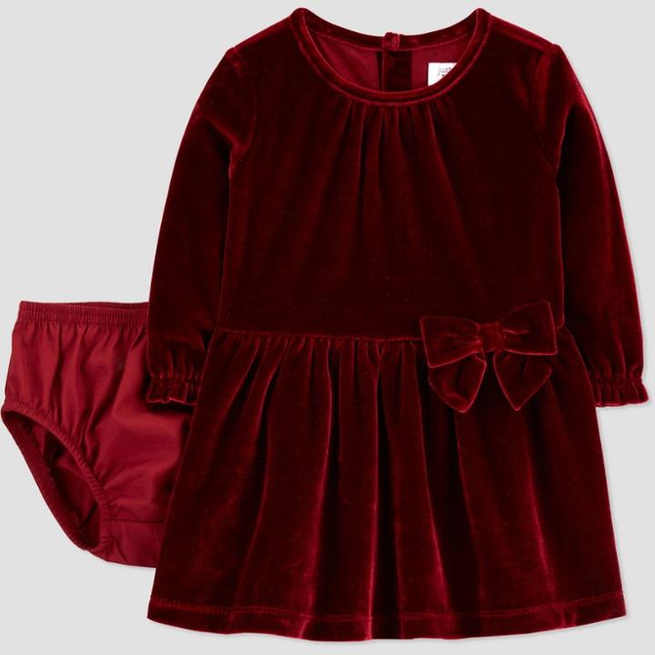Baby Girls' Velvet Long Sleeve Dress With Diaper Cover - Just One You Made By Carter's Maroon Newborn, Red