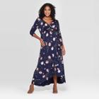 Maternity Floral Print 3/4 Sleeve Knit Wrap Maxi Dress - Isabel Maternity By Ingrid & Isabel Navy L, Women's, Size: