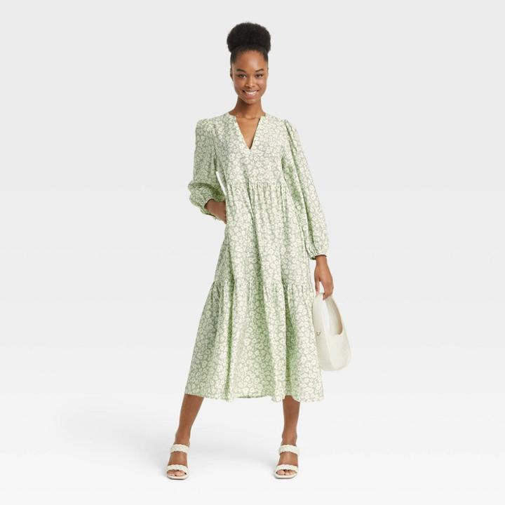 Women's Long Sleeve Tiered Dress - A New Day Green Floral Print