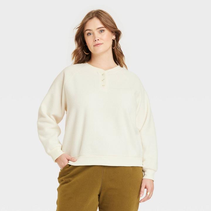 Women's Plus Size Long Sleeve Lightweight Sherpa Henley Shirt - Universal Thread Cream