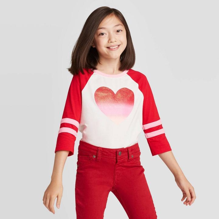 Girls' 3/4 Sleeve Sparkle Heart Baseball T-shirt - Cat & Jack Cream S, Girl's, Size: