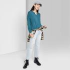 Women's Long Sleeve V-neck Notch Front Cropped Boxy T-shirt - Wild Fable Turquoise