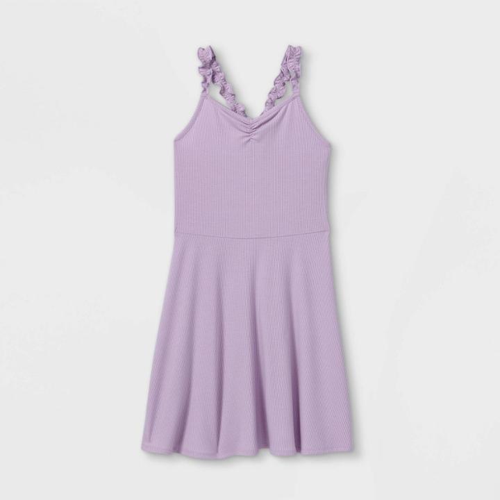 Girls' Cinch Front Ruffle Strap Tank Dress - Art Class Violet