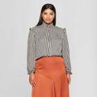 Women's Plus Size Striped Long Sleeve Silky Ruffle Blouse - Who What Wear Black/cream 1x, Black/cream