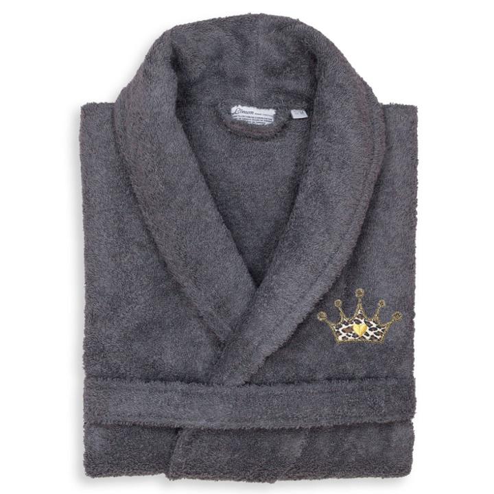 L/x Terry Bathrobe With Cheetah Crown Embroidery Gray - Linum Home Textiles