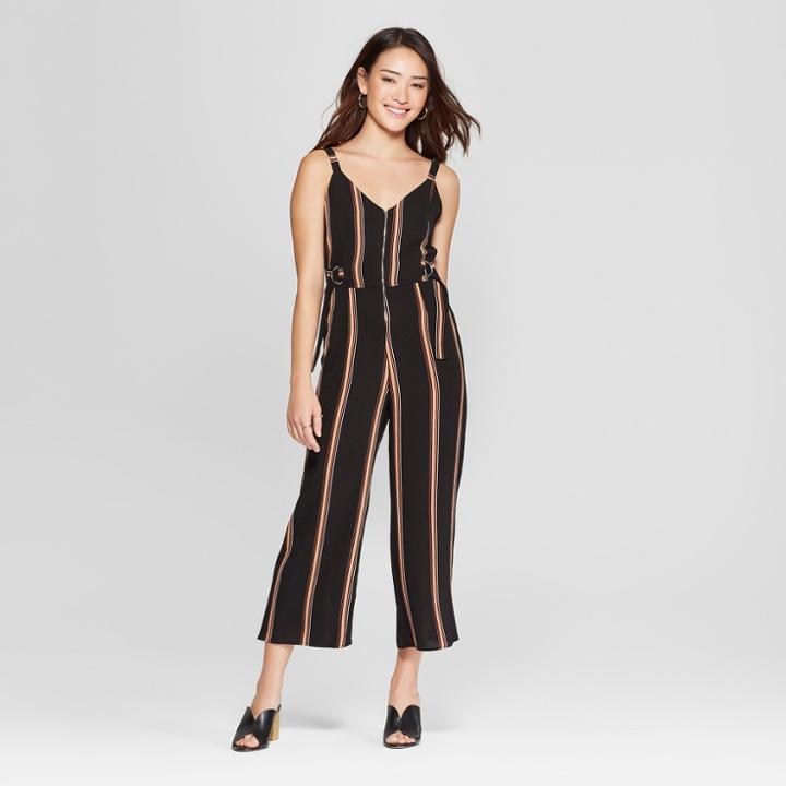 Women's Striped Sleeveless Zipper Front Jumpsuit - Almost Famous (juniors') Black