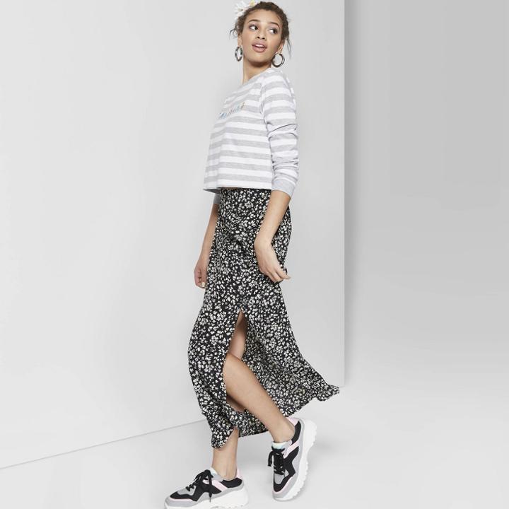 Women's Floral Print Maxi Skirt With Side Slit - Wild Fable Black/white