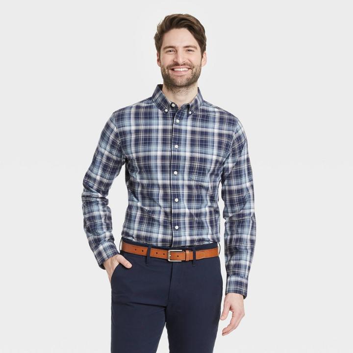 Men's Plaid Slim Fit Stretch Poplin Long Sleeve Button-down Shirt - Goodfellow & Co