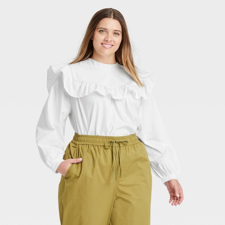Women's Plus Size Long Sleeve Ruffle Yoke Top - A New Day White