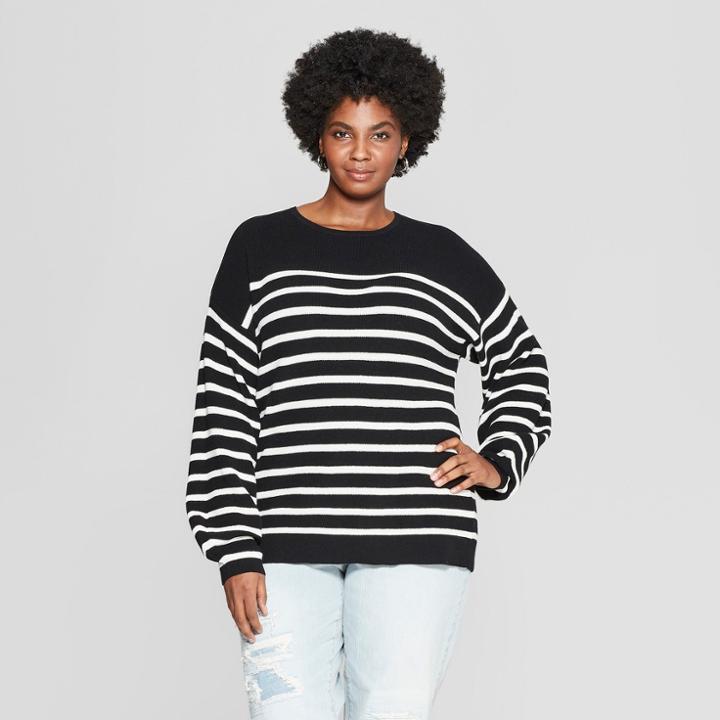 Women's Plus Size Striped Textured Pullover Sweater - Ava & Viv Black/cream