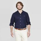 Men's Big & Tall Long Sleeve Mandarin Collared Linen Cotton Button-down Shirt - Goodfellow & Co Xavier Navy