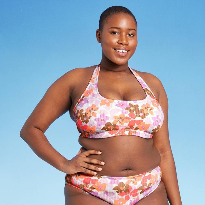 Juniors' Plus Size Ribbed Halter Bralette Bikini Top - Xhilaration Multi Floral
