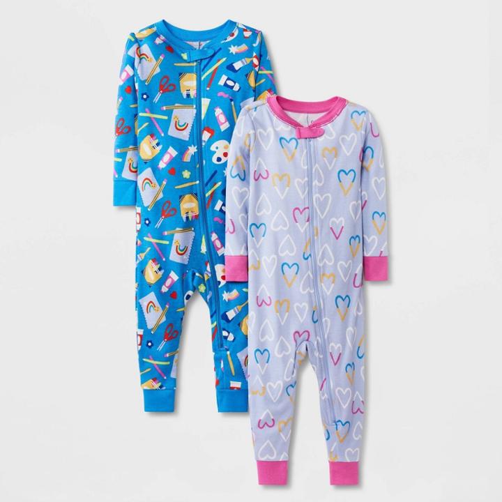 Baby Girls' 2pk Rainbow Artpaint & Heart Pajama Romper - Cat & Jack Blue