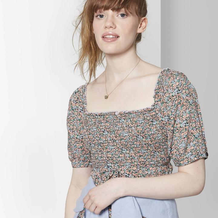 Women's Floral Print Short Sleeve Smocked Top Midi Dress - Wild Fable Black/orange L,