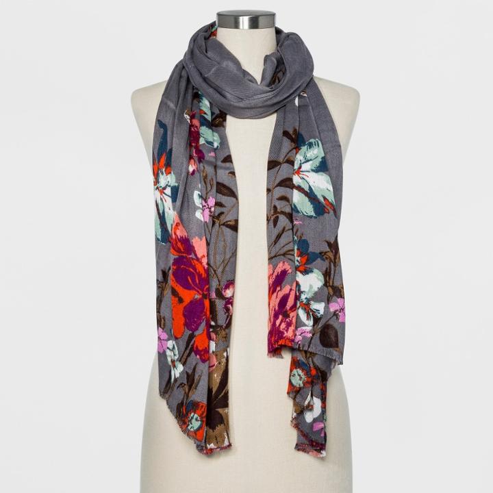 Women's Floral Oblong Scarf - A New Day Gray